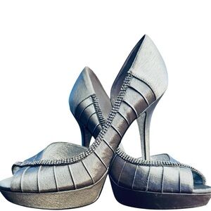 Adrianna Papell Anella Beautiful Silver Leather Rhinestone Stiletto Sandal Heels